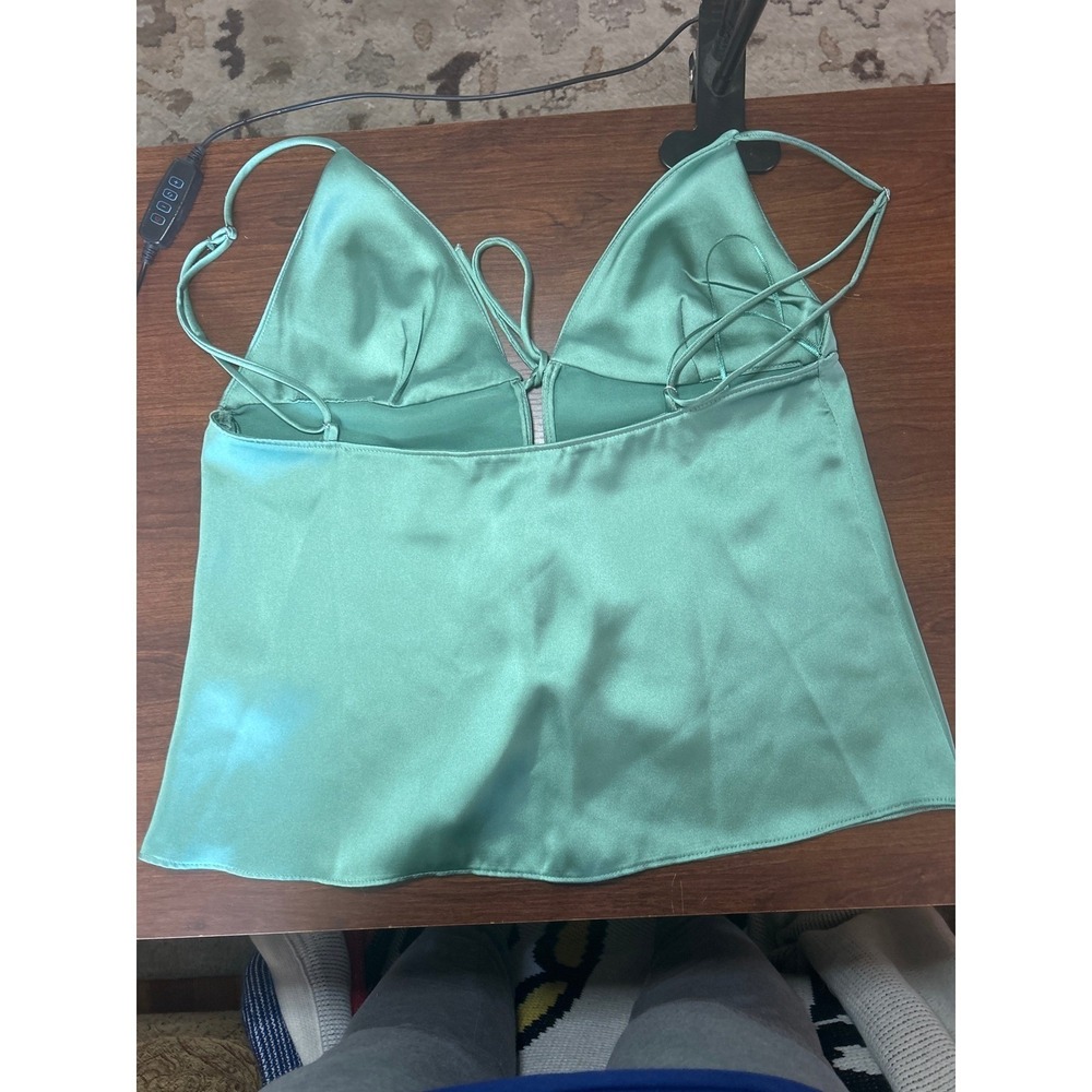 Zara Satin Tie-Front Camisole Top Size M Seafoam Green V-Neck‎ Spaghetti Strap - Picture 7 of 9